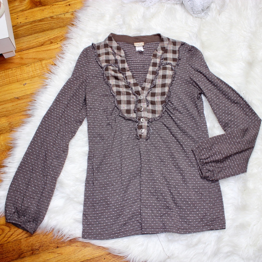 Daytrip Brown Long Sleeve Pioneer Praire Henley Long Sleeve Cottagecore Top Lrg